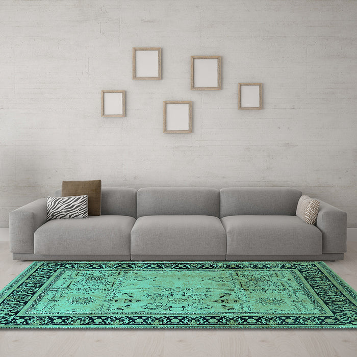 Machine Washable Oriental Turquoise Industrial Area Rugs in a Living Room,, wshurb3183turq