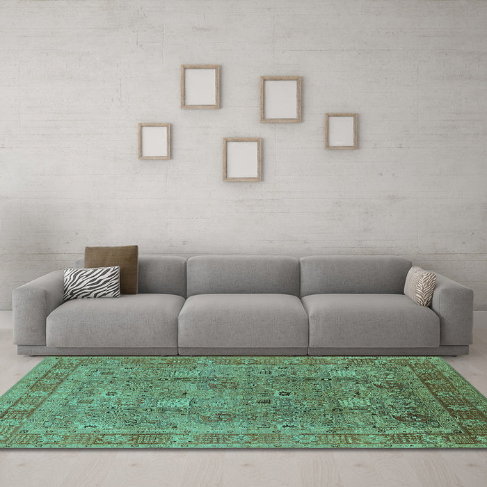 Machine Washable Oriental Turquoise Industrial Area Rugs in a Living Room,, wshurb3185turq