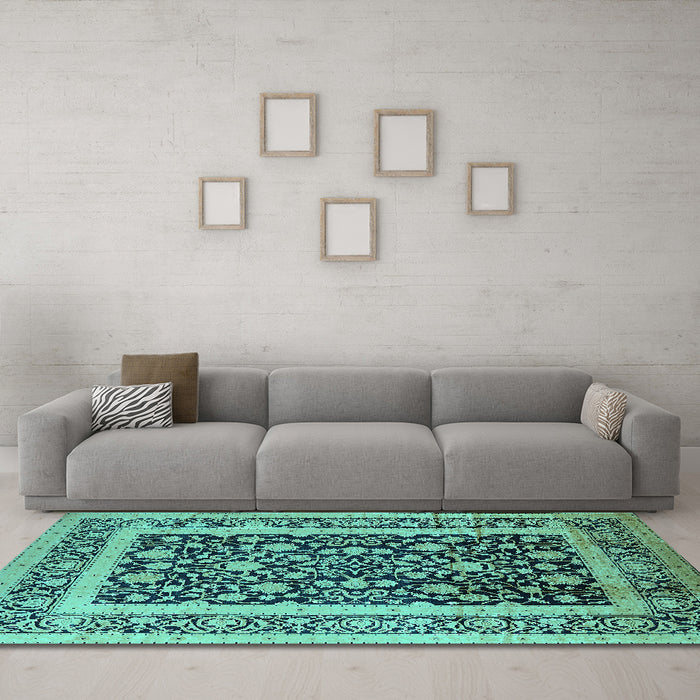 Machine Washable Oriental Turquoise Industrial Area Rugs in a Living Room,, wshurb3188turq