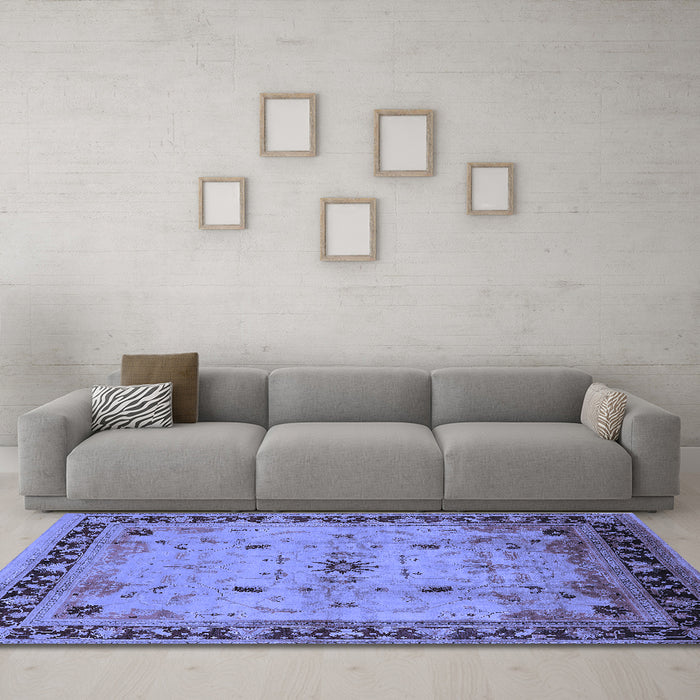 Machine Washable Oriental Blue Industrial Rug in a Living Room, wshurb3191blu