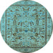 Round Machine Washable Oriental Light Blue Industrial Rug, wshurb3192lblu