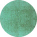 Round Machine Washable Oriental Turquoise Industrial Area Rugs, wshurb3193turq