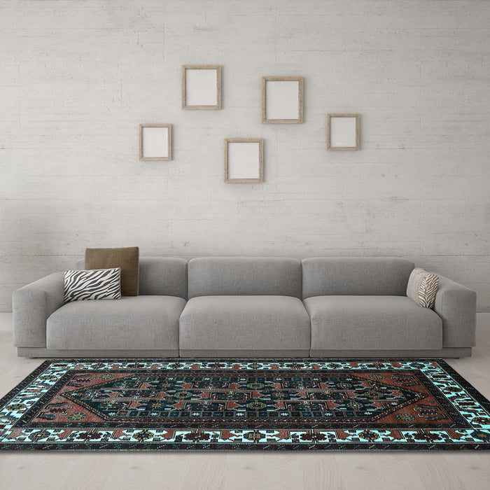 Machine Washable Oriental Light Blue Industrial Rug in a Living Room, wshurb3198lblu