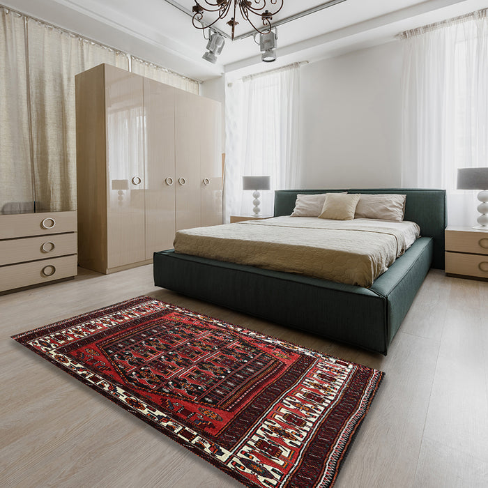 Mid-Century Modern Puce Purple Oriental Rug in a Bedroom, urb3198
