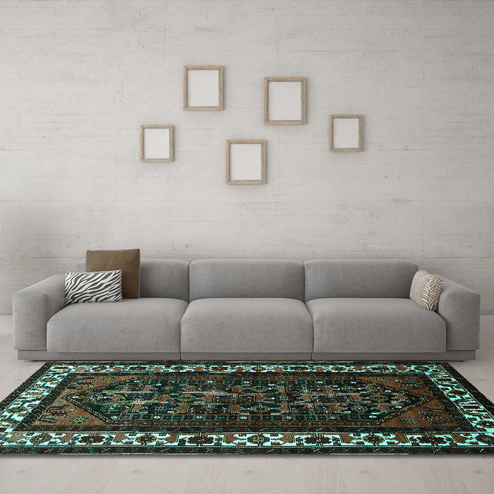 Machine Washable Oriental Turquoise Industrial Area Rugs in a Living Room,, wshurb3198turq