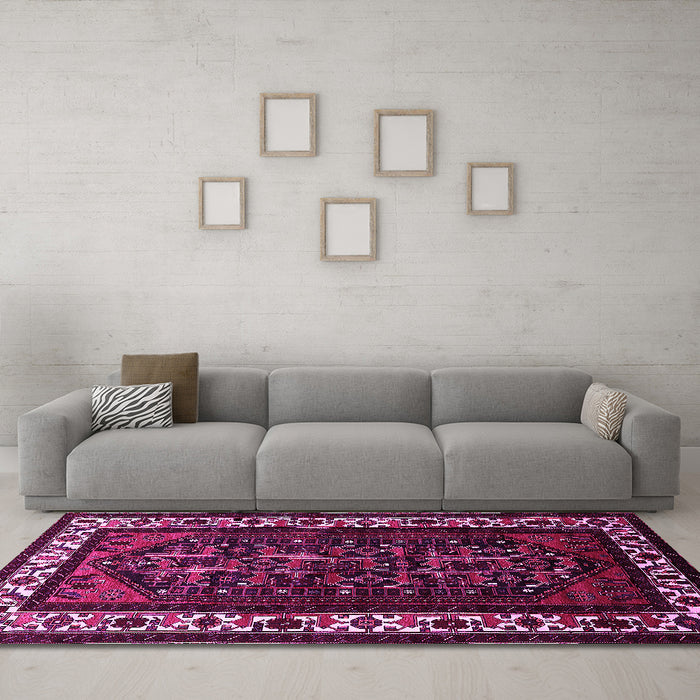 Machine Washable Oriental Pink Industrial Rug in a Living Room, wshurb3198pnk