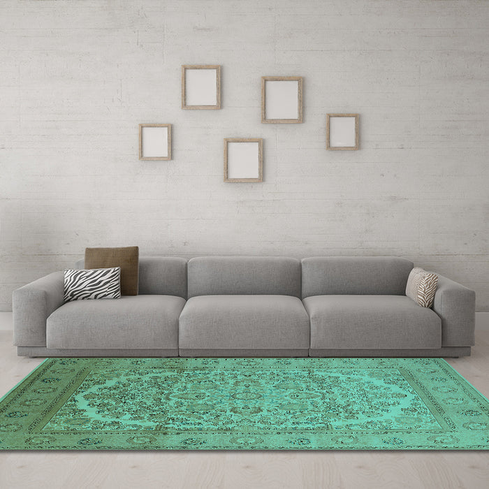 Machine Washable Oriental Turquoise Industrial Area Rugs in a Living Room,, wshurb3201turq