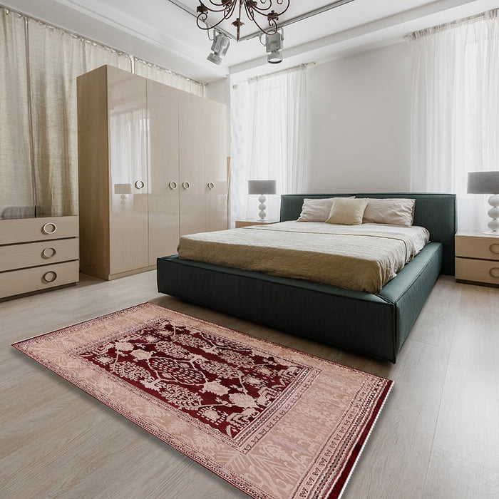 Mid-Century Modern Dark Salmon Pink Oriental Rug in a Bedroom, urb3204