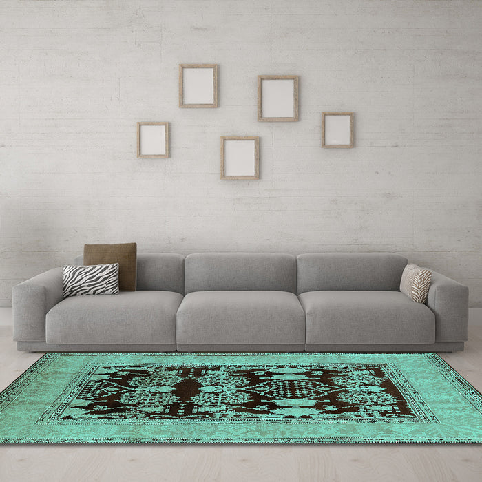 Machine Washable Oriental Turquoise Industrial Area Rugs in a Living Room,, wshurb3204turq