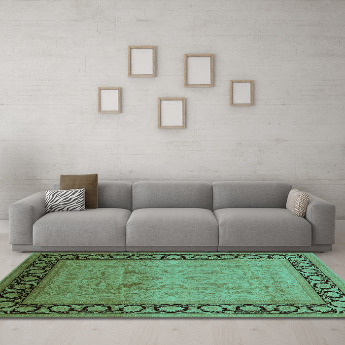 Machine Washable Oriental Turquoise Industrial Area Rugs in a Living Room,, wshurb3205turq
