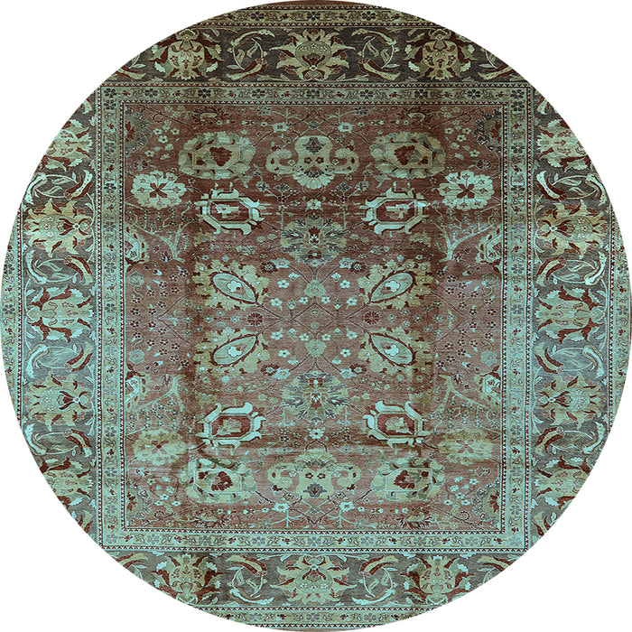 Round Machine Washable Oriental Light Blue Industrial Rug, wshurb3208lblu