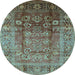 Round Machine Washable Oriental Light Blue Industrial Rug, wshurb3208lblu