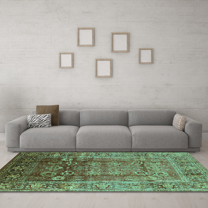 Machine Washable Oriental Turquoise Industrial Area Rugs in a Living Room,, wshurb3208turq