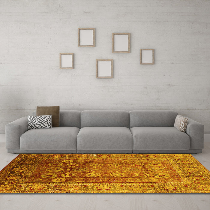 Machine Washable Oriental Yellow Industrial Rug in a Living Room, wshurb3208yw