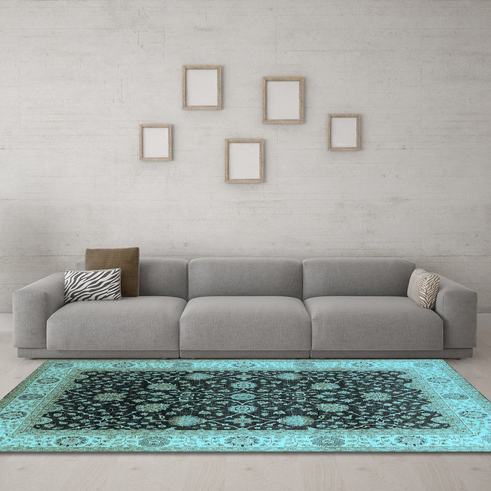 Machine Washable Oriental Light Blue Industrial Rug in a Living Room, wshurb3209lblu