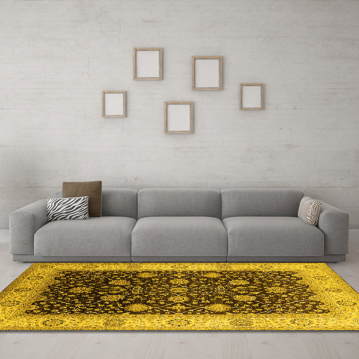Machine Washable Oriental Yellow Industrial Rug in a Living Room, wshurb3209yw