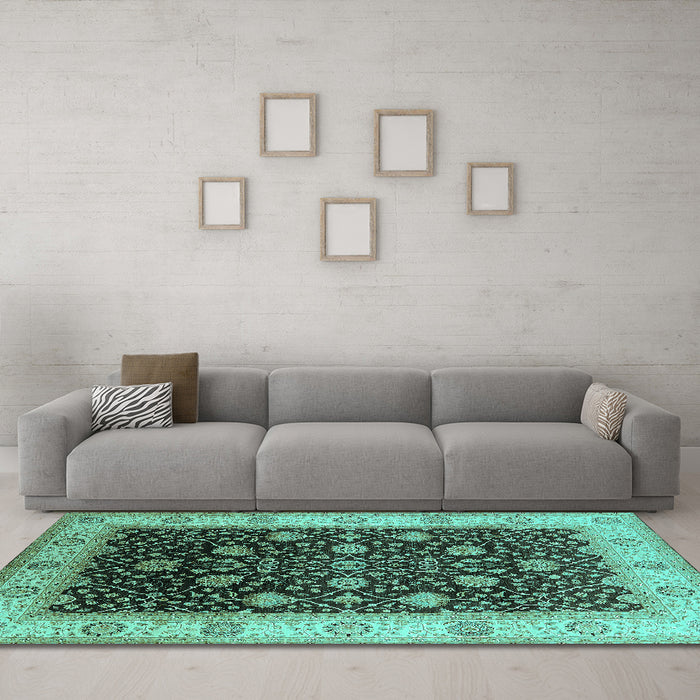 Machine Washable Oriental Turquoise Industrial Area Rugs in a Living Room,, wshurb3209turq
