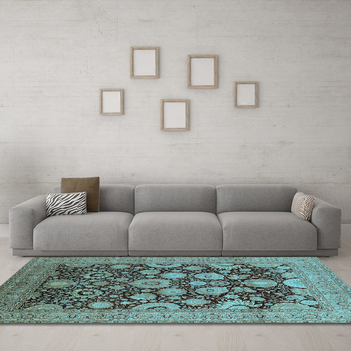 Machine Washable Oriental Light Blue Industrial Rug in a Living Room, wshurb3211lblu