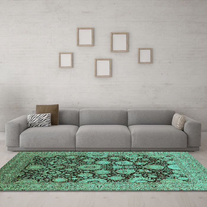 Machine Washable Oriental Turquoise Industrial Area Rugs in a Living Room,, wshurb3211turq