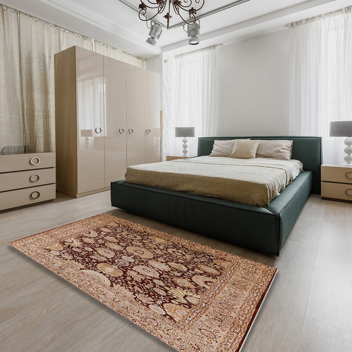 Mid-Century Modern Saffron Red Oriental Rug in a Bedroom, urb3211