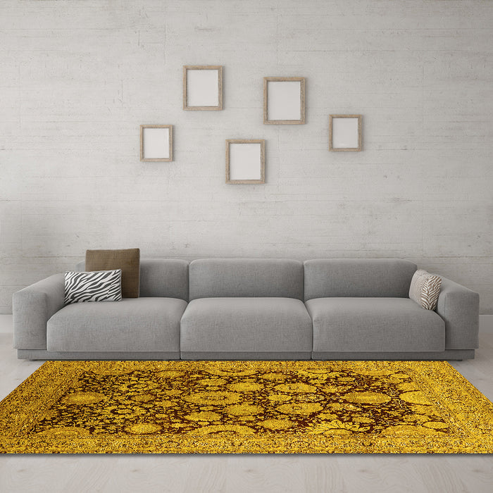 Machine Washable Oriental Yellow Industrial Rug in a Living Room, wshurb3211yw
