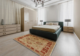 Mid-Century Modern Mahogany Brown Oriental Rug in a Bedroom, urb3213