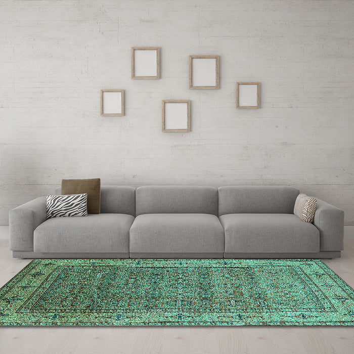 Machine Washable Oriental Turquoise Industrial Area Rugs in a Living Room,, wshurb3214turq