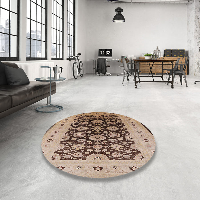 Round Mid-Century Modern Dark Sienna Brown Oriental Rug in a Office, urb3217