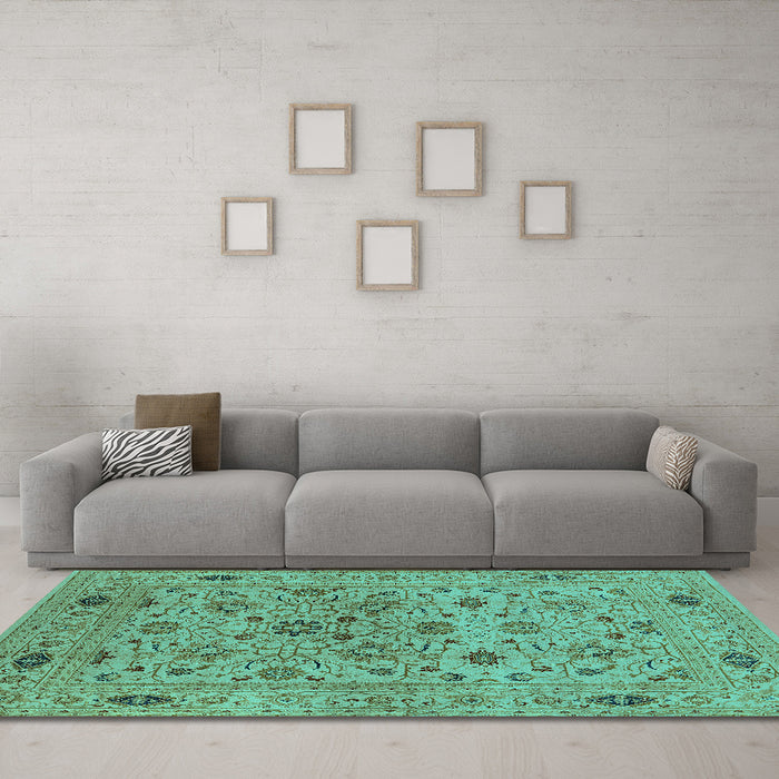Machine Washable Oriental Turquoise Industrial Area Rugs in a Living Room,, wshurb3218turq
