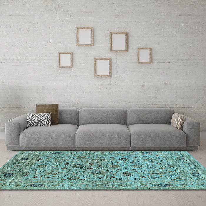 Machine Washable Oriental Light Blue Industrial Rug in a Living Room, wshurb3218lblu
