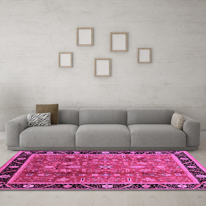Machine Washable Oriental Pink Industrial Rug in a Living Room, wshurb3219pnk