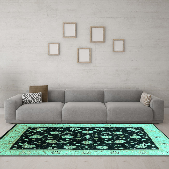 Machine Washable Oriental Turquoise Industrial Area Rugs in a Living Room,, wshurb3220turq
