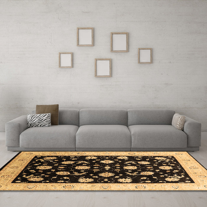 Machine Washable Oriental Brown Industrial Rug in a Living Room,, wshurb3220brn