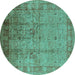 Round Machine Washable Oriental Turquoise Industrial Area Rugs, wshurb3221turq