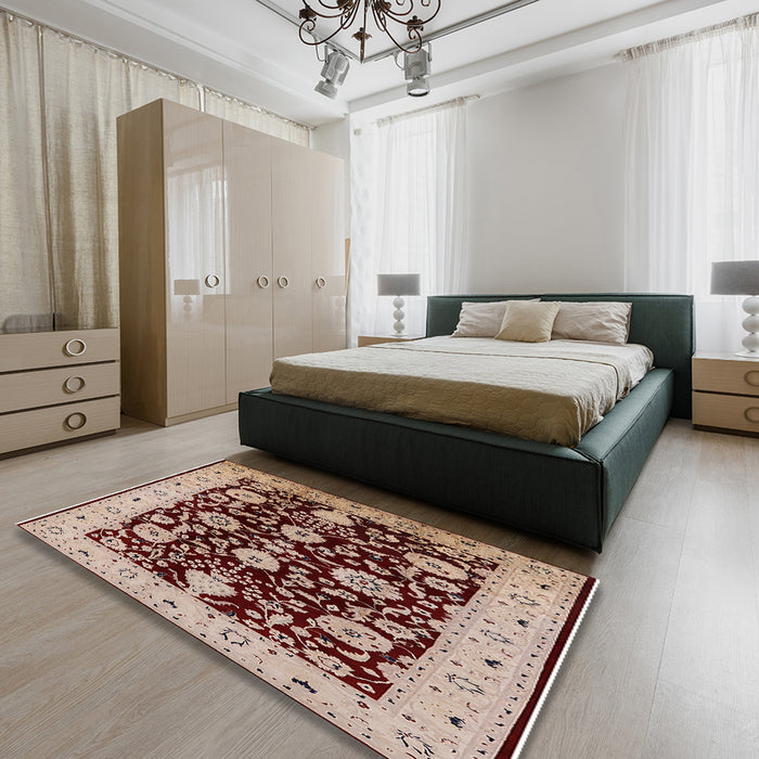 Mid-Century Modern Saffron Red Oriental Rug in a Bedroom, urb3222