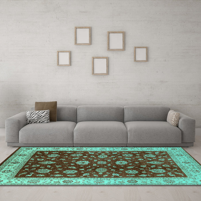 Machine Washable Oriental Turquoise Industrial Area Rugs in a Living Room,, wshurb3223turq