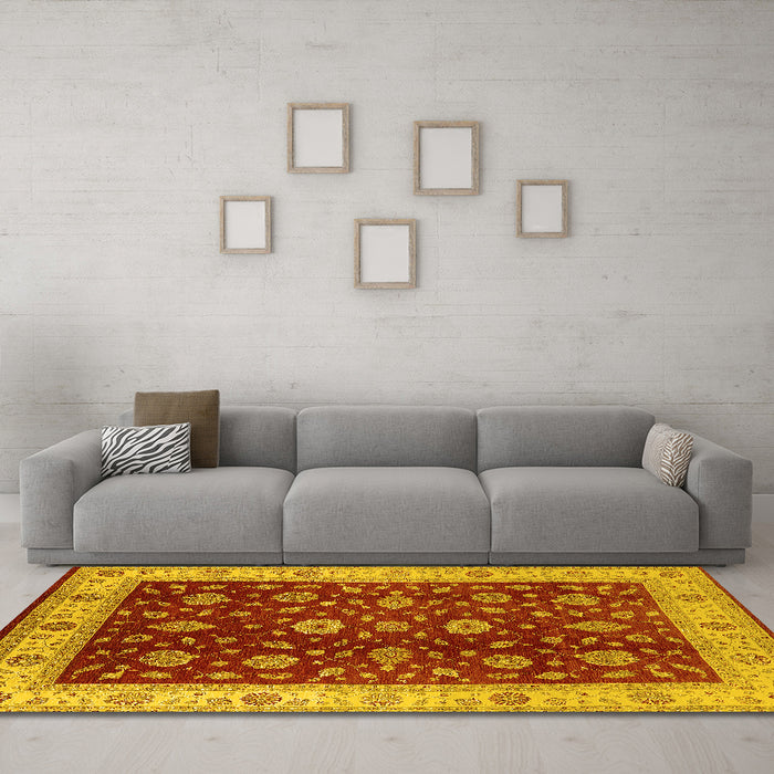 Machine Washable Oriental Yellow Industrial Rug in a Living Room, wshurb3223yw