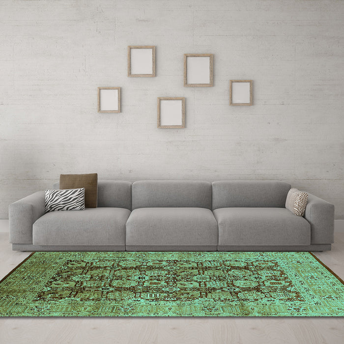 Machine Washable Oriental Turquoise Industrial Area Rugs in a Living Room,, wshurb3225turq