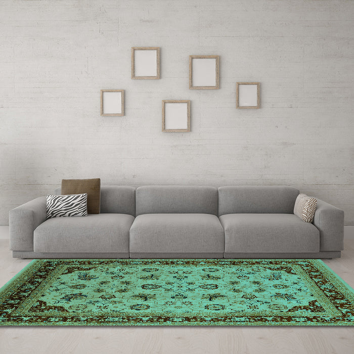 Machine Washable Oriental Turquoise Industrial Area Rugs in a Living Room,, wshurb3226turq