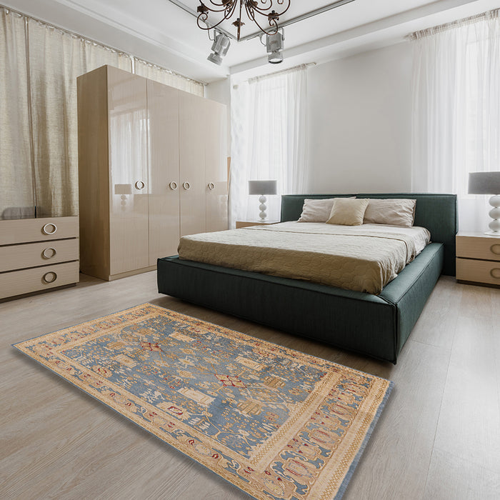 Mid-Century Modern Dark Almond Brown Oriental Rug in a Bedroom, urb3227