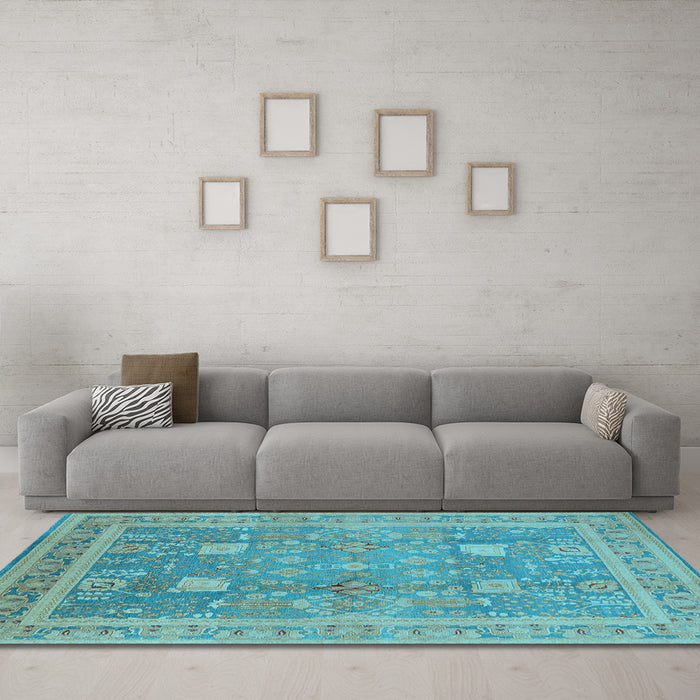 Machine Washable Oriental Light Blue Industrial Rug in a Living Room, wshurb3227lblu