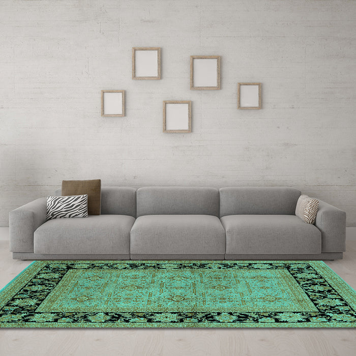 Machine Washable Oriental Turquoise Industrial Area Rugs in a Living Room,, wshurb3228turq