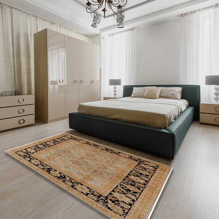 Mid-Century Modern Light Copper Gold Oriental Rug in a Bedroom, urb3228