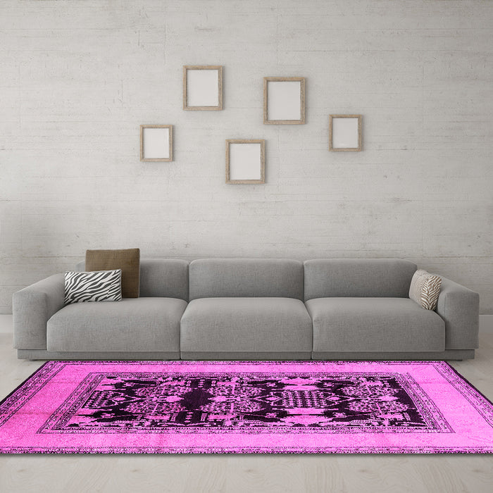 Machine Washable Oriental Pink Industrial Rug in a Living Room, wshurb3229pnk