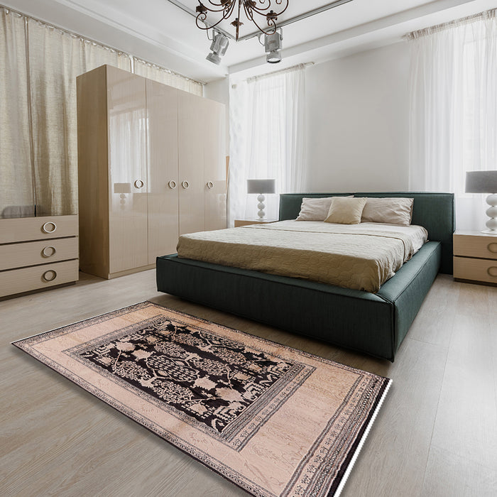 Mid-Century Modern Pastel Orange Oriental Rug in a Bedroom, urb3229