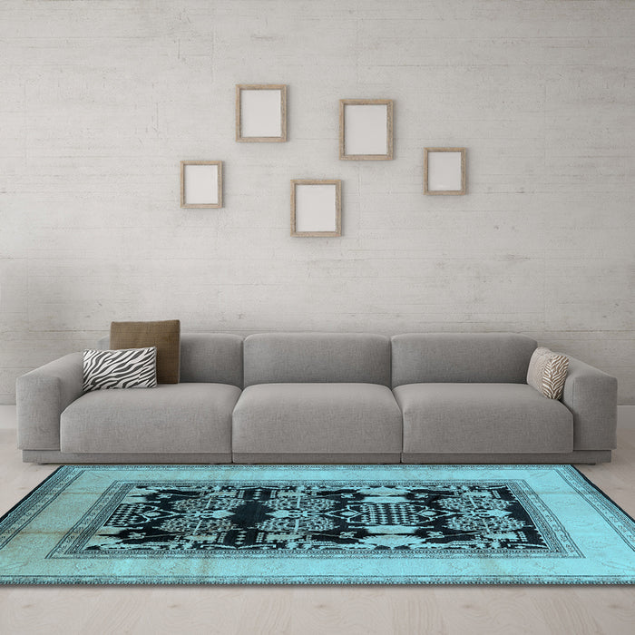 Machine Washable Oriental Light Blue Industrial Rug in a Living Room, wshurb3229lblu