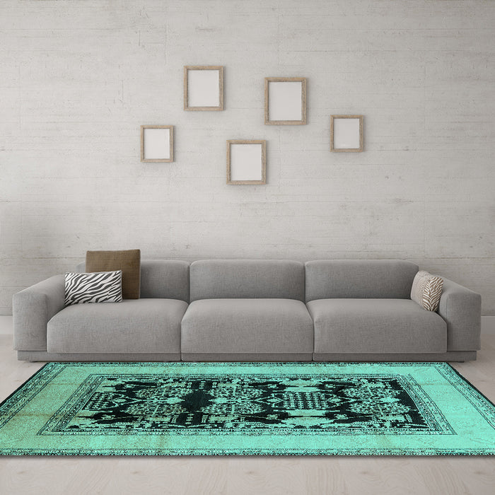 Machine Washable Oriental Turquoise Industrial Area Rugs in a Living Room,, wshurb3229turq