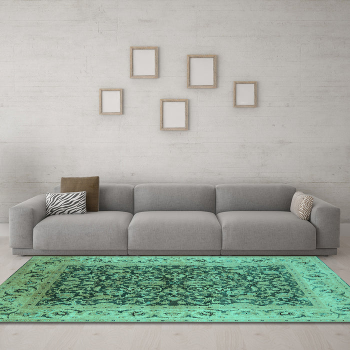 Machine Washable Oriental Turquoise Industrial Area Rugs in a Living Room,, wshurb3231turq