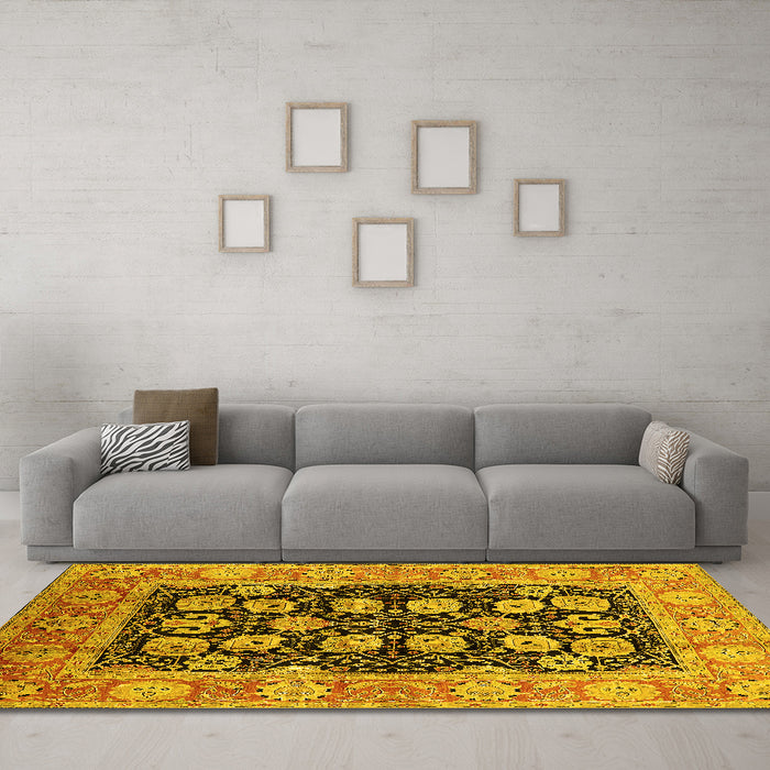Machine Washable Oriental Yellow Industrial Rug in a Living Room, wshurb3232yw