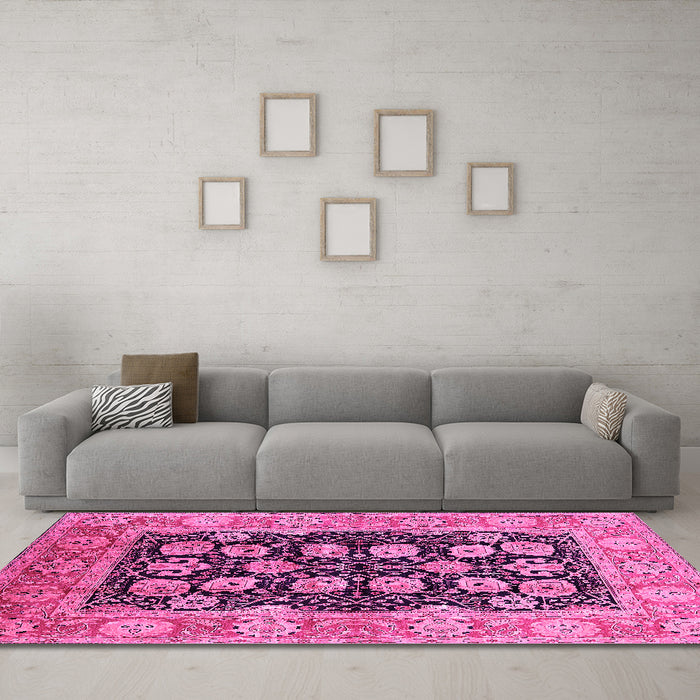 Machine Washable Oriental Pink Industrial Rug in a Living Room, wshurb3232pnk